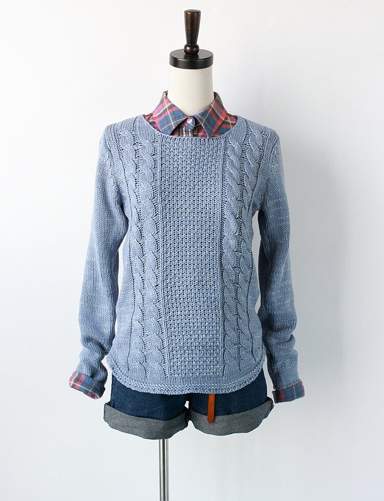 guop双排八字绞花四色拼白花纱前长后短针织套头毛衣