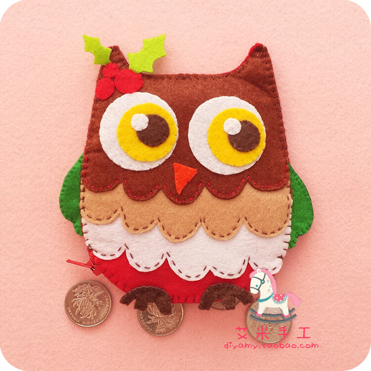 原创不织布材料包diy手工布艺非成品卡通零钱包圣诞猫头鹰