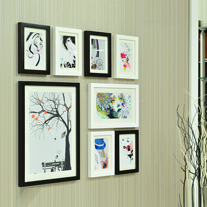 欧式实木照片墙 简约8框相片墙创意相框相框 卧室客厅背景相框墙