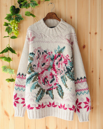 原单vintage 粗棒针份量厚款 牡丹花100%羊毛套头复古毛衣