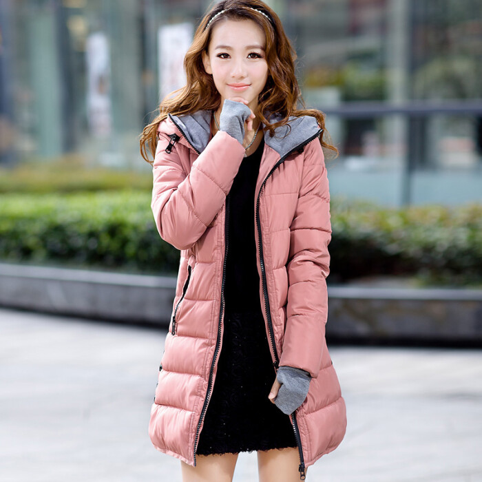 2013冬装新款韩版连帽针织袖拉链中长款加厚直筒型棉衣修身显瘦