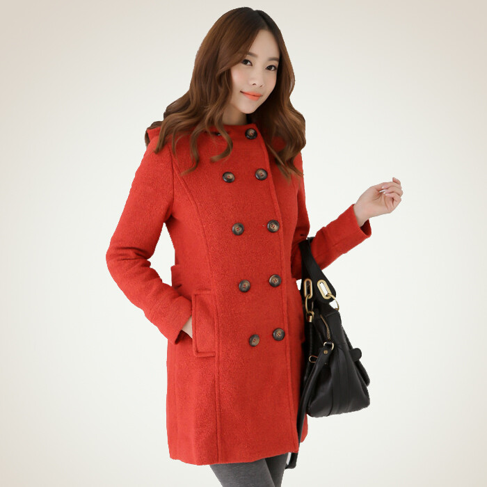2013韩版修身大码女装新款冬装韩版双排扣中长款毛呢大衣外套女款