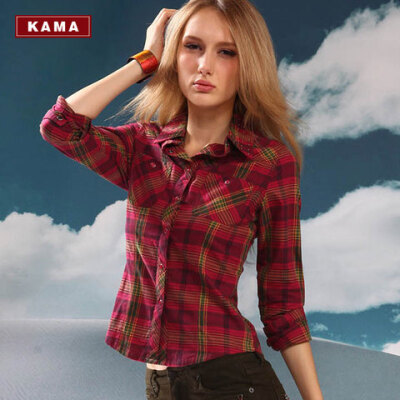 kama 卡玛 冬季女士时尚英伦风撞色格子修身长袖休闲衬衫 741285