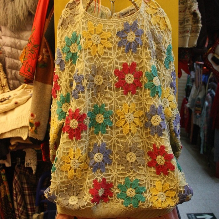 森林系太阳花钩织 森女vintage古着尖货手工毛衣