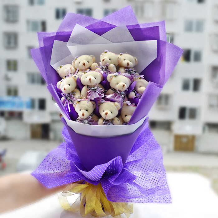 七夕情人节礼物 泰迪熊紫色卡通花束 公仔花束 生日礼物 创意礼品