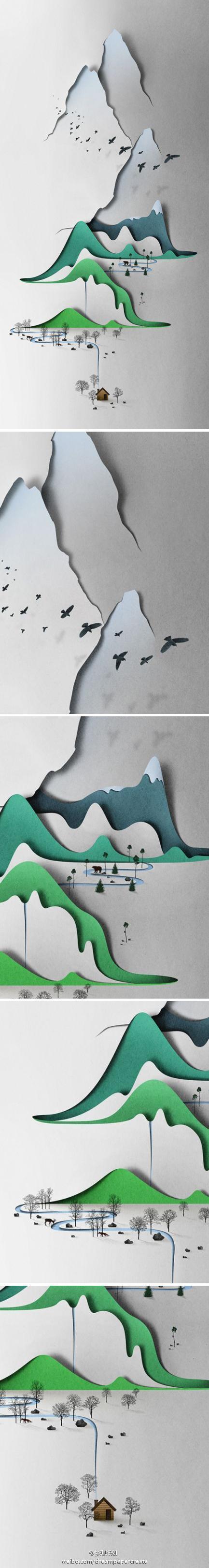 dreampaper#【剪纸山水画】简单流畅的线条,清新淡雅的意境,艺术家