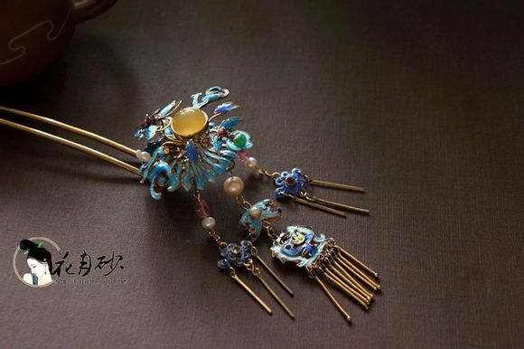 明式仿古银鎏金花丝烧蓝步摇钗『翠眉清镜』