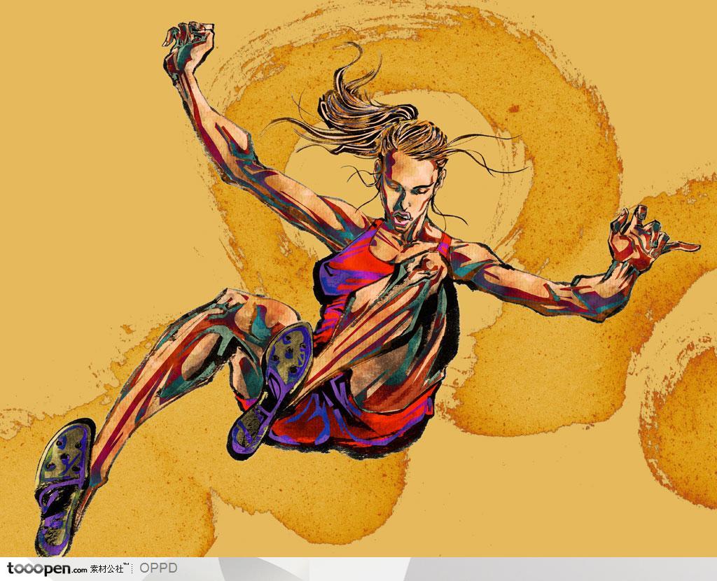 手绘水彩国家级各国女子跳远运动员沙坑
