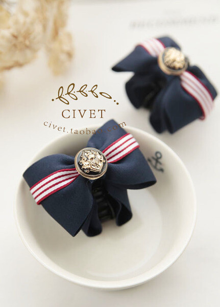 civet 海军缎带徽章双层蝴蝶结发夹小抓夹发抓韩国发饰头饰 ee7