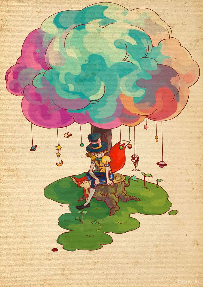 hiokra原创水彩插画色彩清新可爱童话