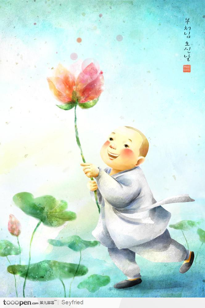 手绘僧侣插画拿着莲花的小和尚
