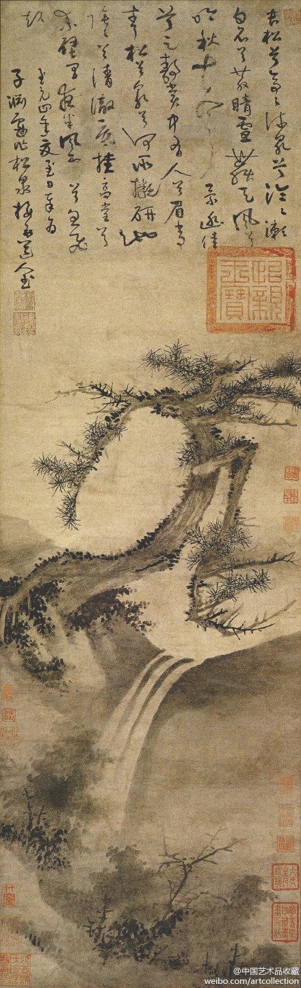 元 吴镇 《松泉图》 】轴,纸本,105.6 x 31.7cm,南京博物馆藏.