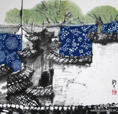 水墨画》——江南蓝花布,一种广泛流行于江南民间的古老手工印花织物