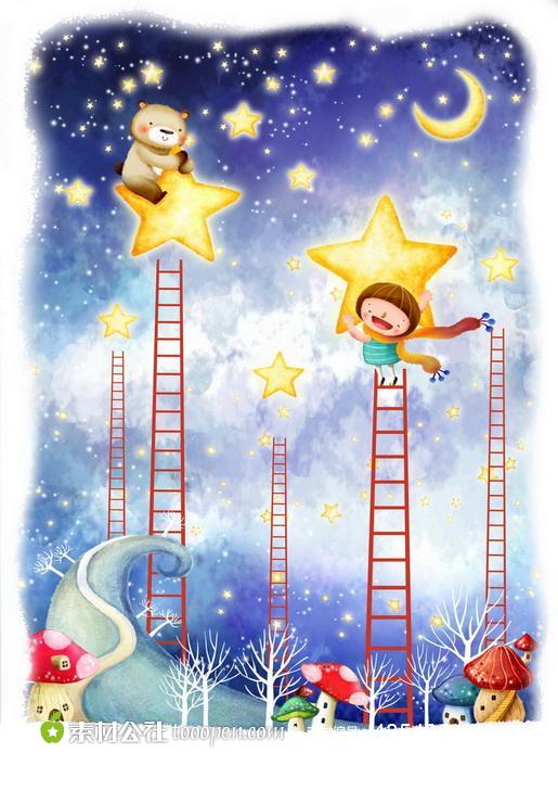 站在梯子顶端摘星星的小女孩和坐在星星上的小熊卡通素材