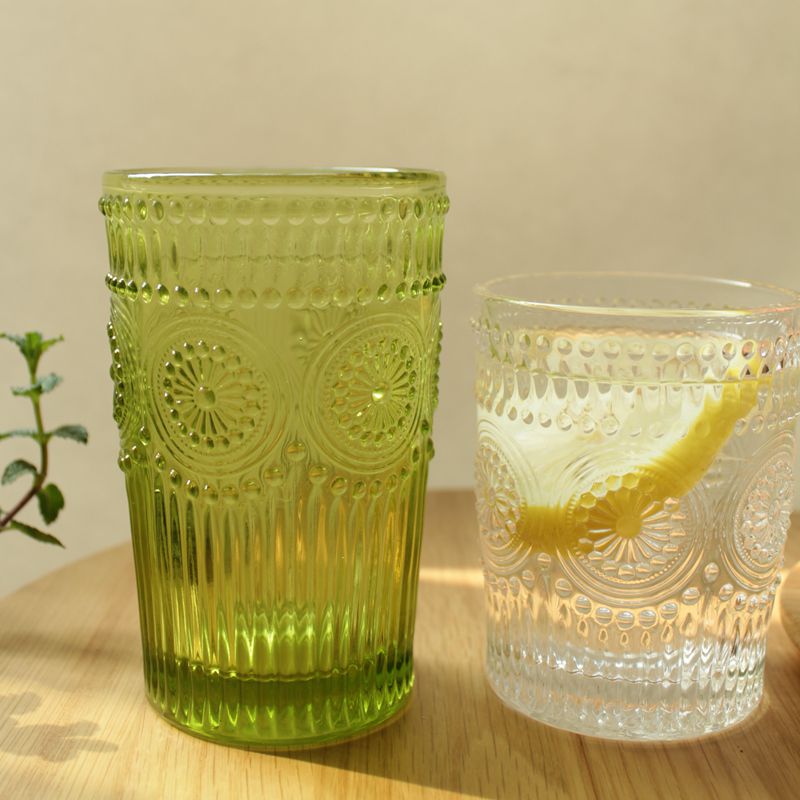 太阳花复古刻花浮雕 玻璃杯 无铅防滑水杯 茶杯 冷饮杯 啤酒杯子