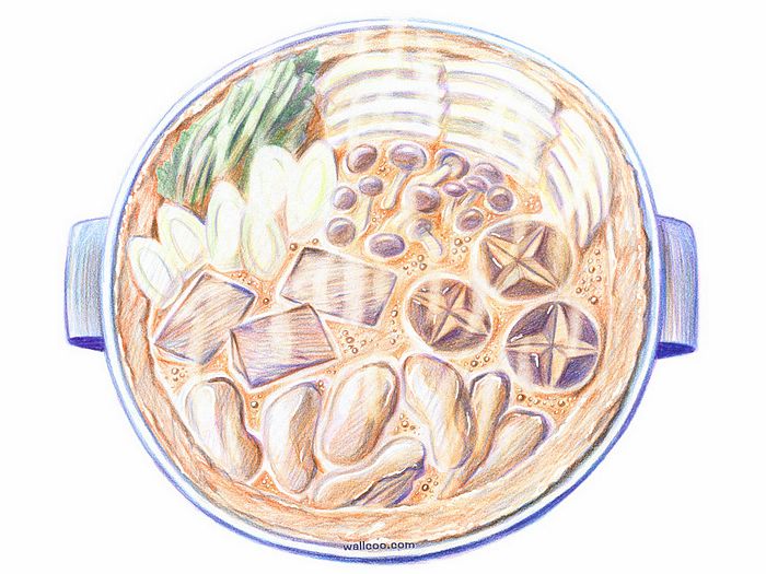 手绘美食桌布 食物彩色铅笔画桌面(二 彩色美食铅笔画图片-火锅