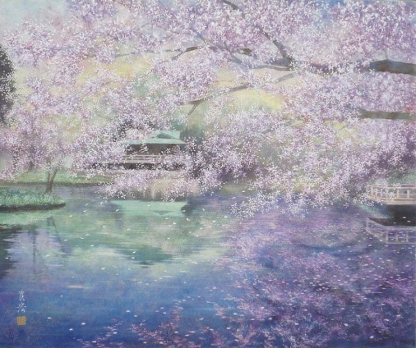 富士山下的樱花油画图片