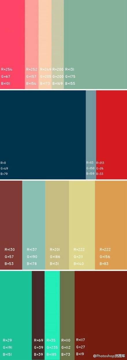 搭配的颜色参考,图上还带有rgb值,适用于ppt设计,网站设计,广告设计等