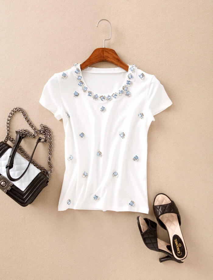 欧美经典简约 精致手工雪花钉珠 圆领棉质百搭女短袖t恤 女 夏装