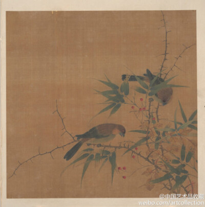 宋 佚名 《竹雀图》 】册页,绢本设色,27.9×27.6cm.