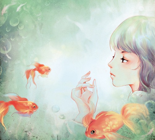 一组美轮美奂的小金鱼梦幻插画图片,作为水中的小精灵,金鱼桑不管到