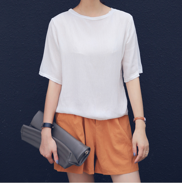 2014新款 学院风五分袖t恤女 森女系列打底衫 宽松纯色t恤