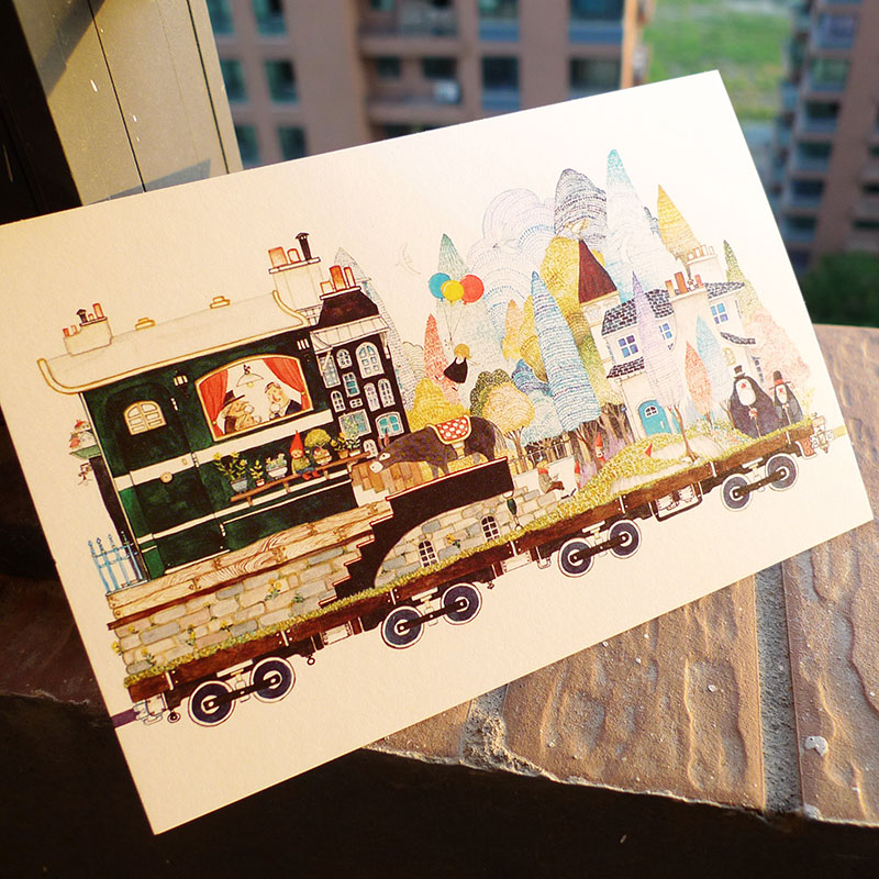 「白糖」梦幻列车明信片 日式卡通童话梦幻创意贺卡明信片