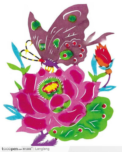 彩色剪纸蝴蝶与花