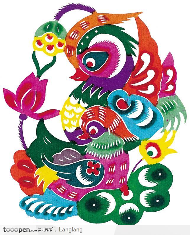 彩色剪纸鸳鸯