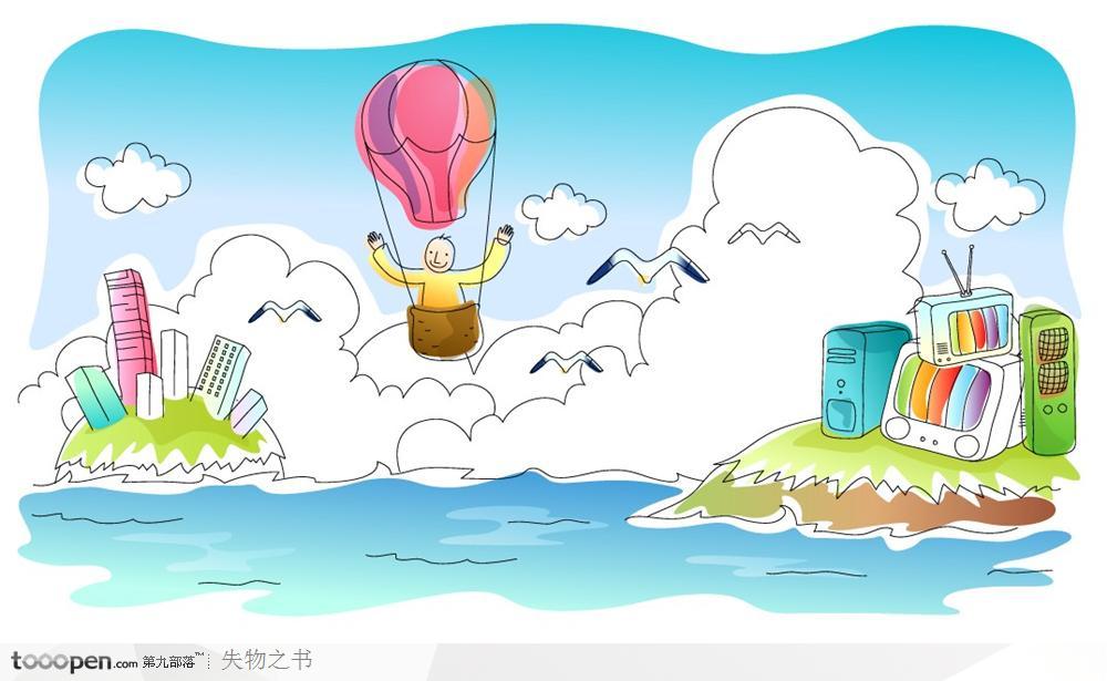 儿童线条插画之坐着热气球去旅行