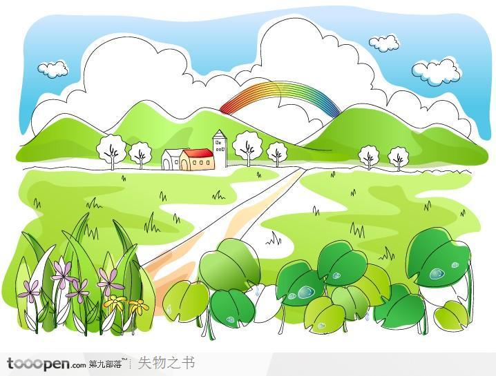 儿童线条插画系列之彩虹下的田野