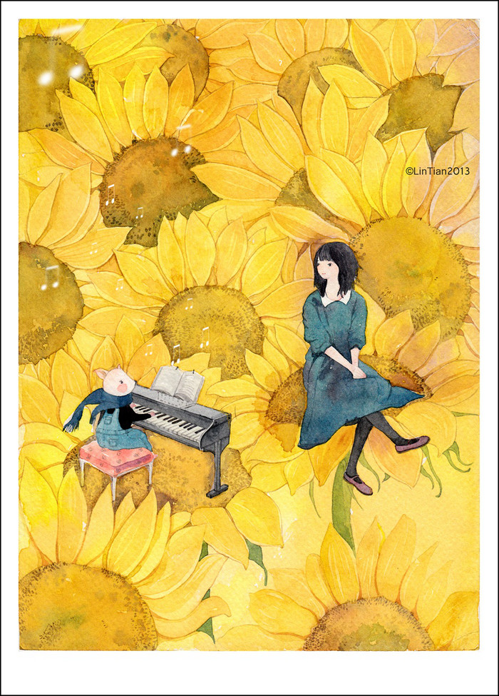 向日葵.-林田_林田 水彩手绘 插画绘本_涂鸦王国