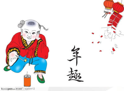 小孩放炮的画
