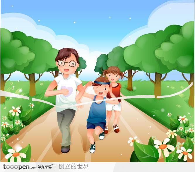 和孩子赛跑的父亲