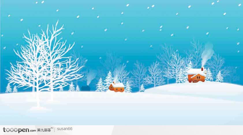 雪地树木房子矢量风景插画