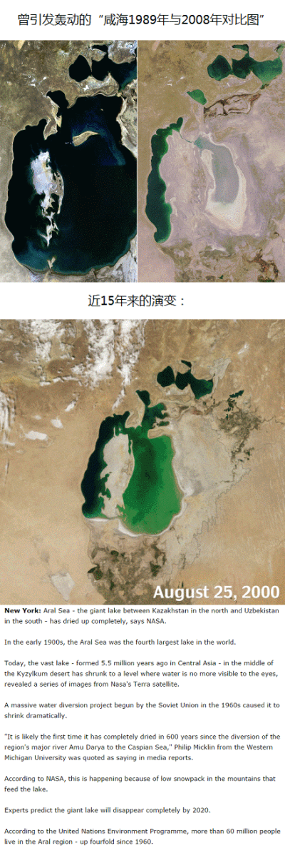 nasa卫星照片指出,位于哈萨克斯坦与乌兹别克斯坦交界处的咸海