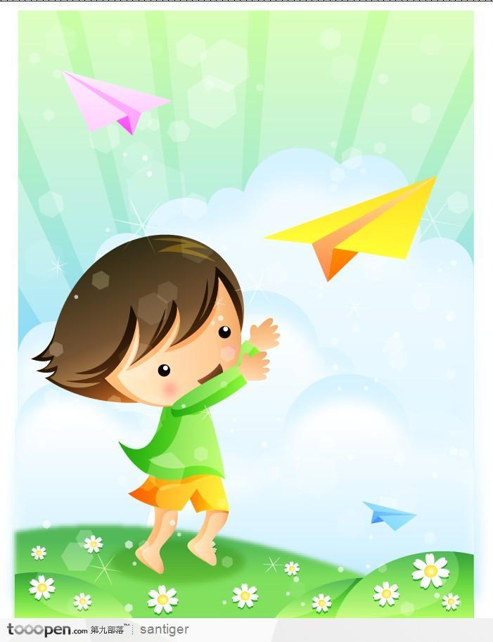 郊外草地上玩纸飞机的卡通男孩