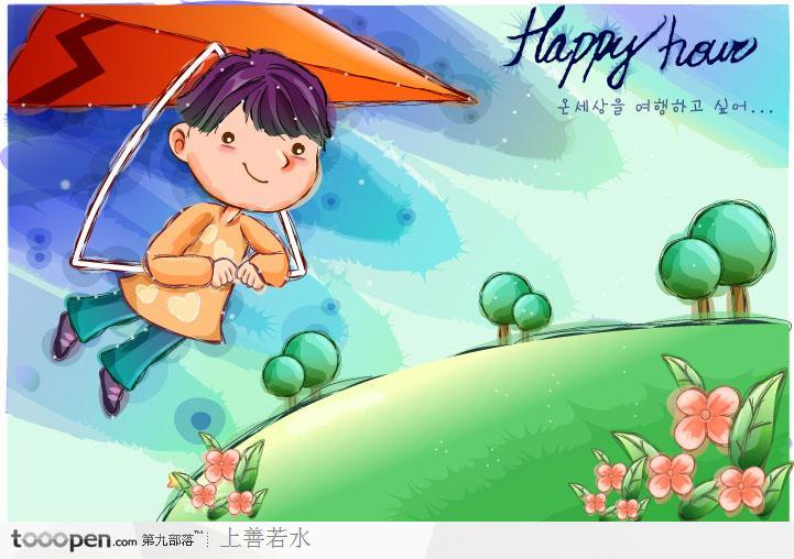 玩滑翔机的卡通男孩