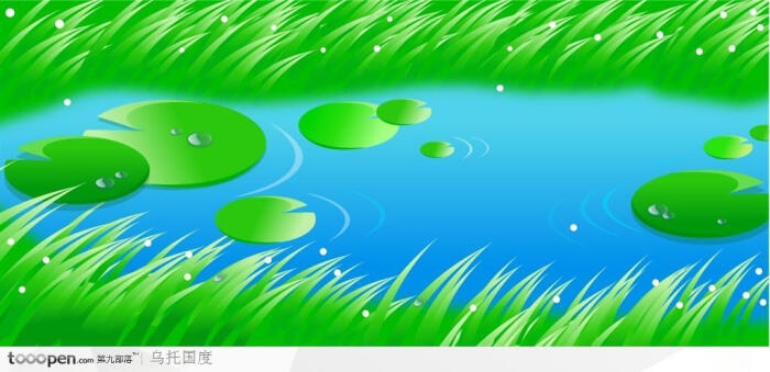 小草和池塘上的浮萍风景插画