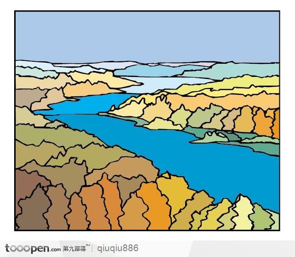 群山河流风景插画