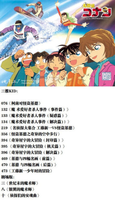 分为:主线剧情必看,精彩剧集,特别篇,kid篇,恋爱物语,感人催泪篇,灰原