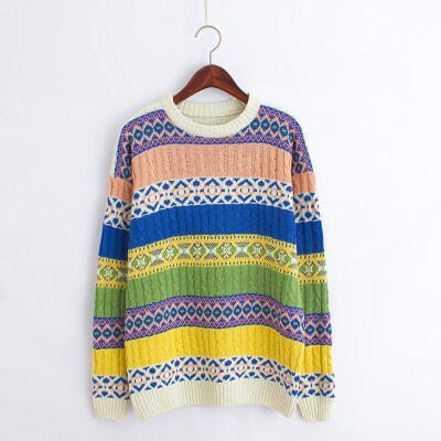 v416 民族风撞色菱形纹 竖条绞股麻花 圆领套头长袖针织毛衣 2色
