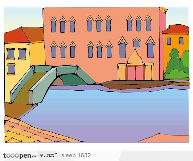 楼房小湖拱桥卡通风景插画