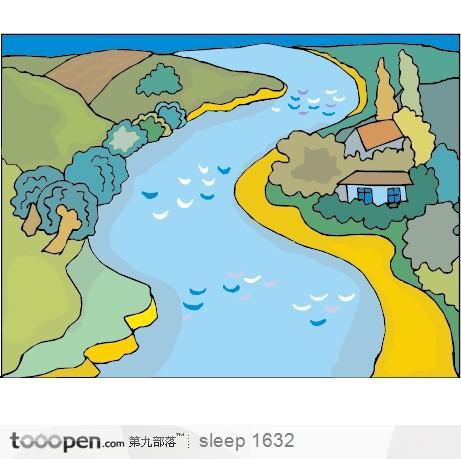 河畔的树木房子插画素材