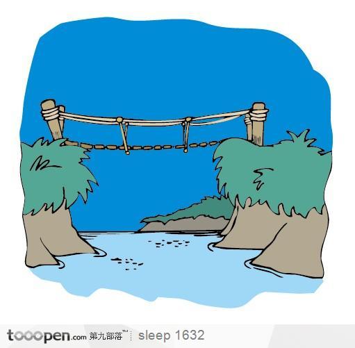 吊桥山坡河流插画素材