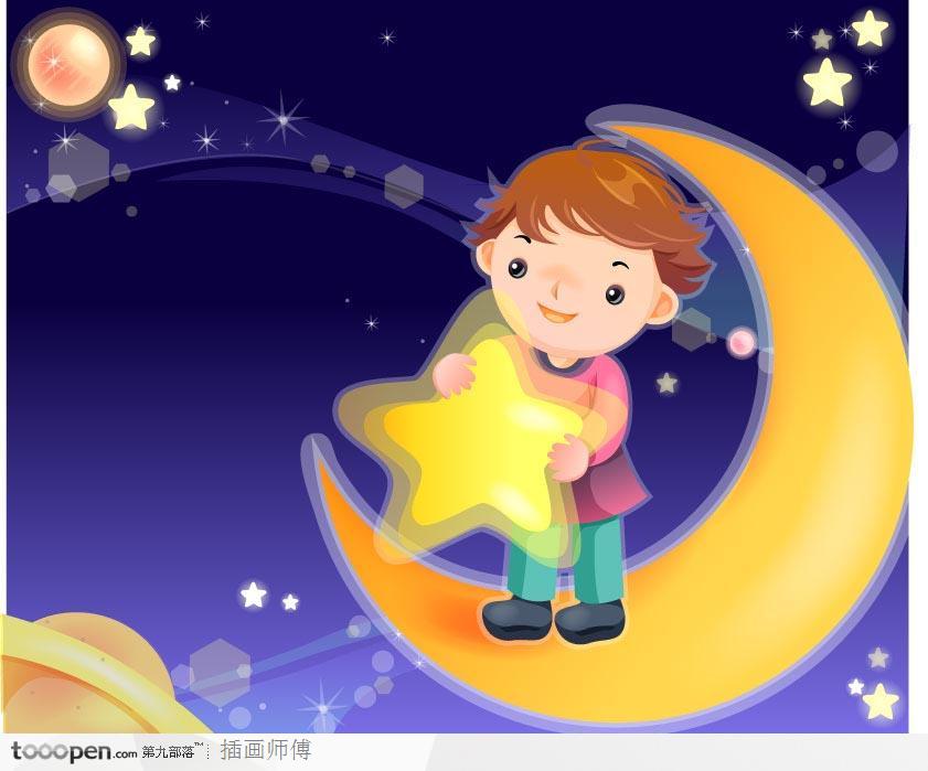 幻想儿童插画-月牙上捧着星星的小男孩