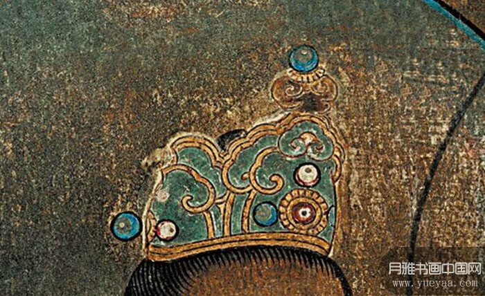 壁画中的众神祗头戴各种瓦楞帽,表情严肃.