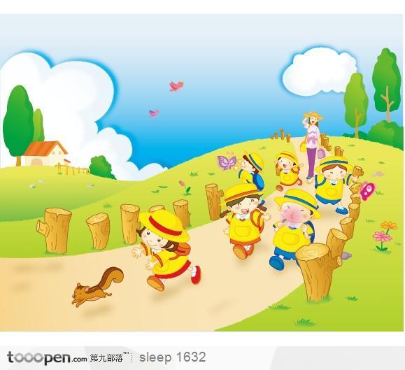 野外郊游的老师学生卡通插画
