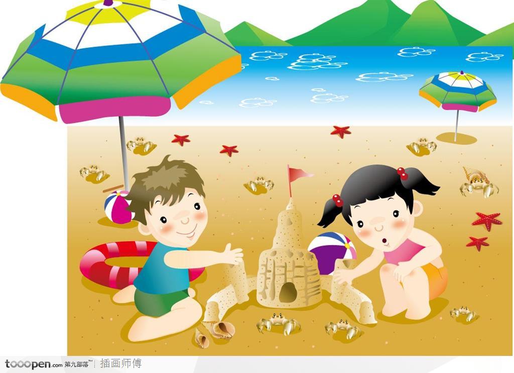 游玩儿童插画-沙滩上堆建城堡的男孩女孩