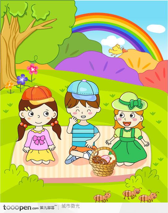 儿童生活插画在郊外草地上野餐的孩子们